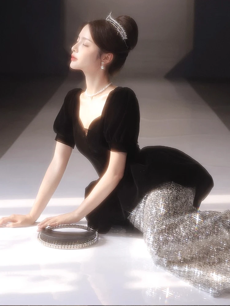 

Ele Fi Tail Evening Dr Women's New 2025 High End Sensation Par Host Gown Korean Sle Beaded mid Waist Long Skirt