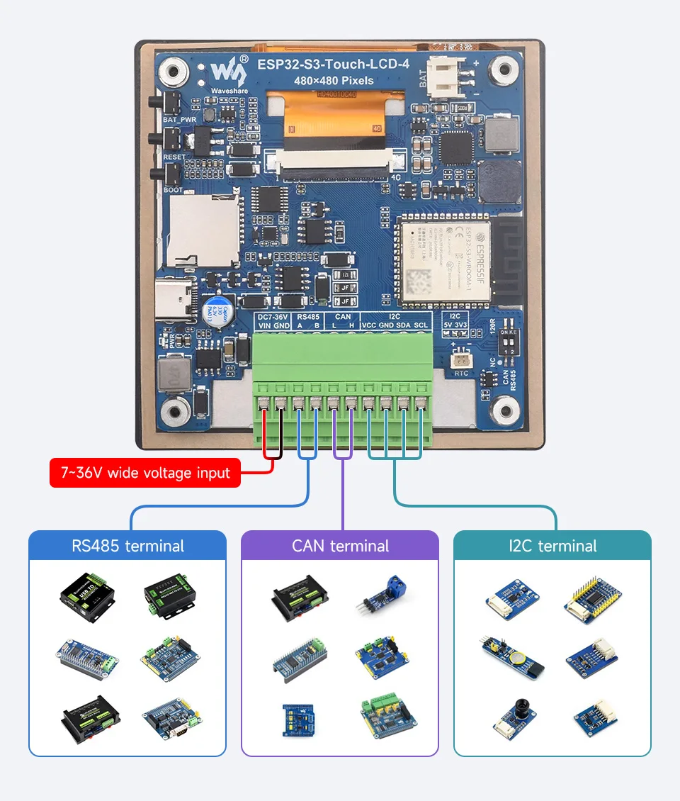 ESP32-S3 kapazitive 4-Zoll-Touch-Display-Entwicklungsplatine, 480 × 480, 5-Punkt-Touch, 32-Bit-Lx7-Dual-Core-Prozessor