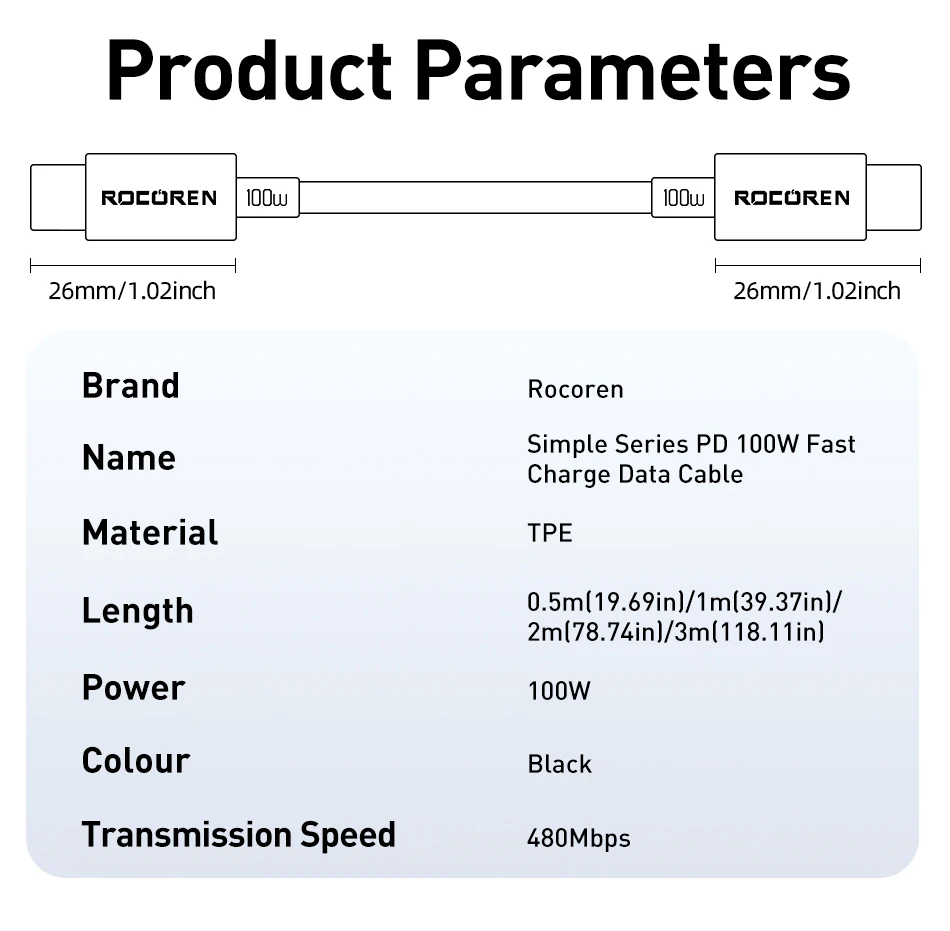 Câble USB-C 100W Rocoren – USB-C vers USB-C PD 20V 5A QC 4.0 Charge Rapide 1 Mètre 17 S2e74c0bf62664307a4413c66ad31b23by