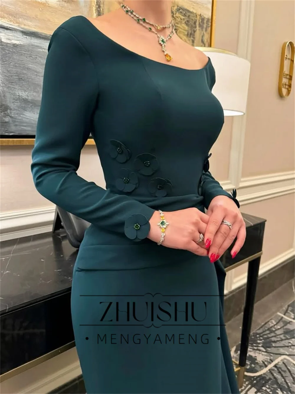 ZHUISHU Elegant Green Flowers Sheath Evening Dress 2026 Long Sleeves Off The Shoulder  Prom Dress Formal Party Gowns Customized view 5