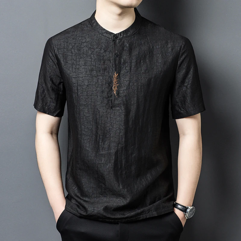 Gambiered Guangdong Silk 100% T Shirt For Men Short Sleeve Satin Summer Top Quality Skin-Friendly Embroidery Camisetas De Hombre