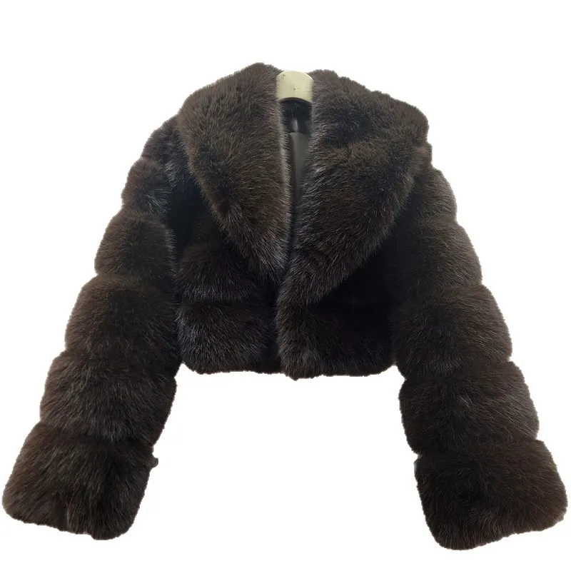 تصميم فريد من نوعه تحسس صديقة للبيئة فو الفراء معطف قصير الراقية البني الرجعية 2025 الخريف الشتاء جديد طويل الأكمام فروي سترة النساء