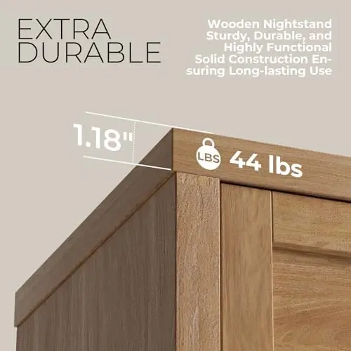 Natural Nightstands, Boho Bed Side Table for Living Room, Minimalist Night Stand with Drawer and Storage Shelf view 4
