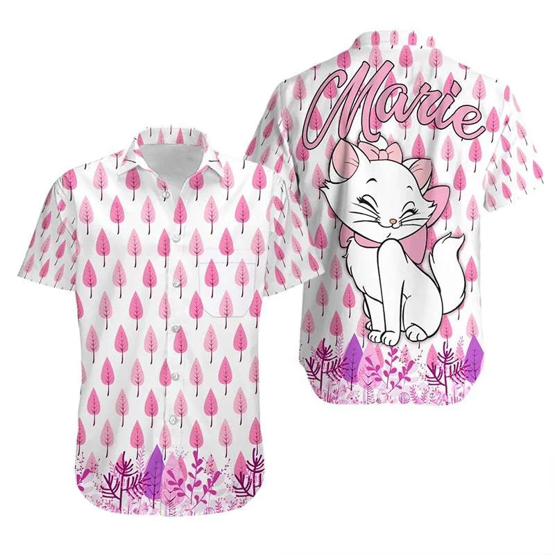 Marie with Her Pink Bow Hawaiian Shirt Disney Hawaiian Shirt Men's Fashion Button Short Sleeve Shirt Marie Cat Hawaiian Shirt