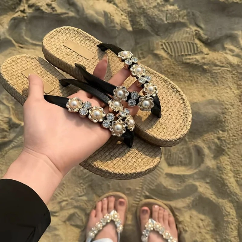 Women Rhinestone Pearl Straw Flip Flops Boho Crystal Jeweled Flat Thong Sandals Chic Woven Sole Plus Size Vacation Beach Shoes view 4