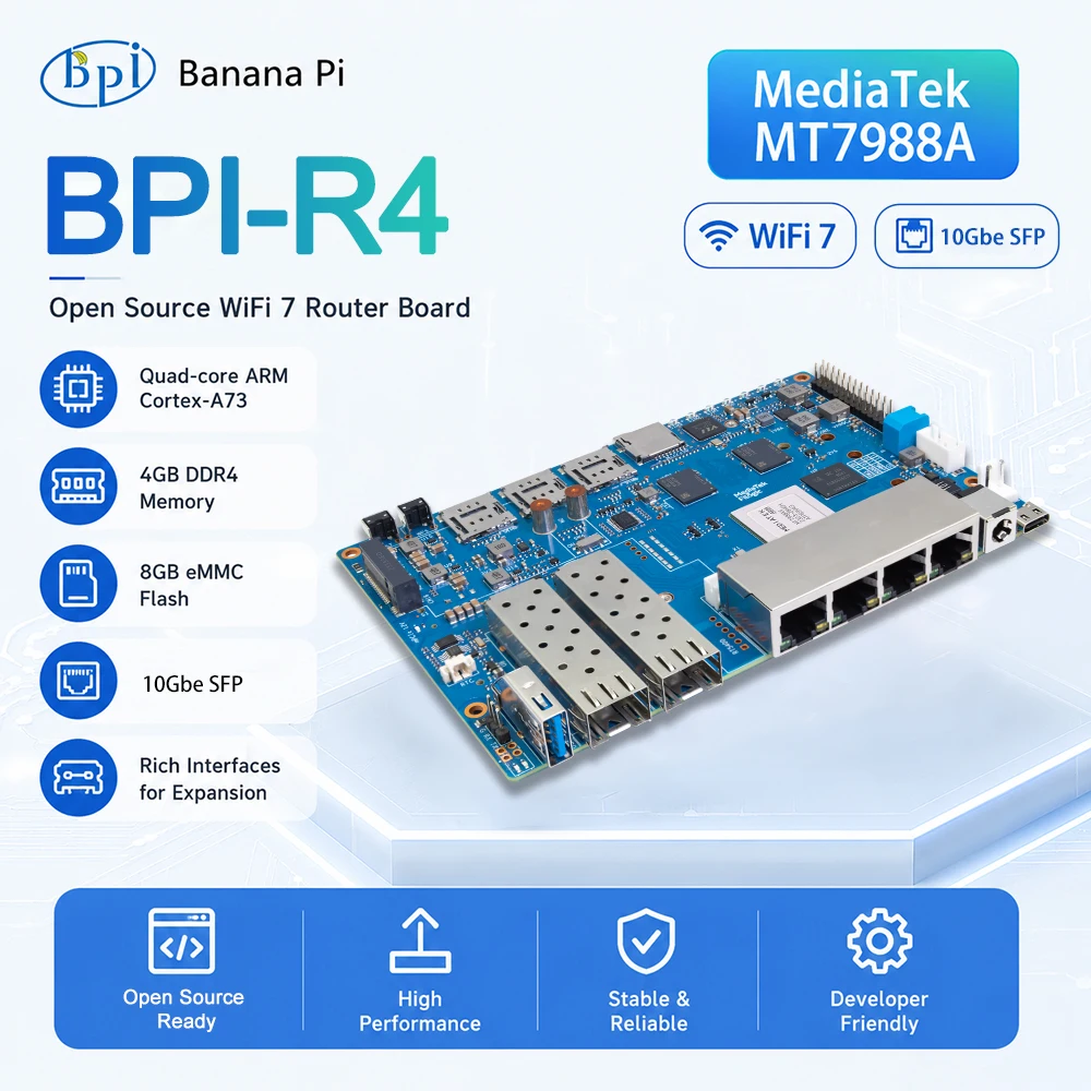 Banana Pi BPI-R4 MediaTek MT7988A (Filogic 880) quad-core Arm Corex-A73 4GB DDR4 8GB eMMC Support Openwrt Smart Router Board