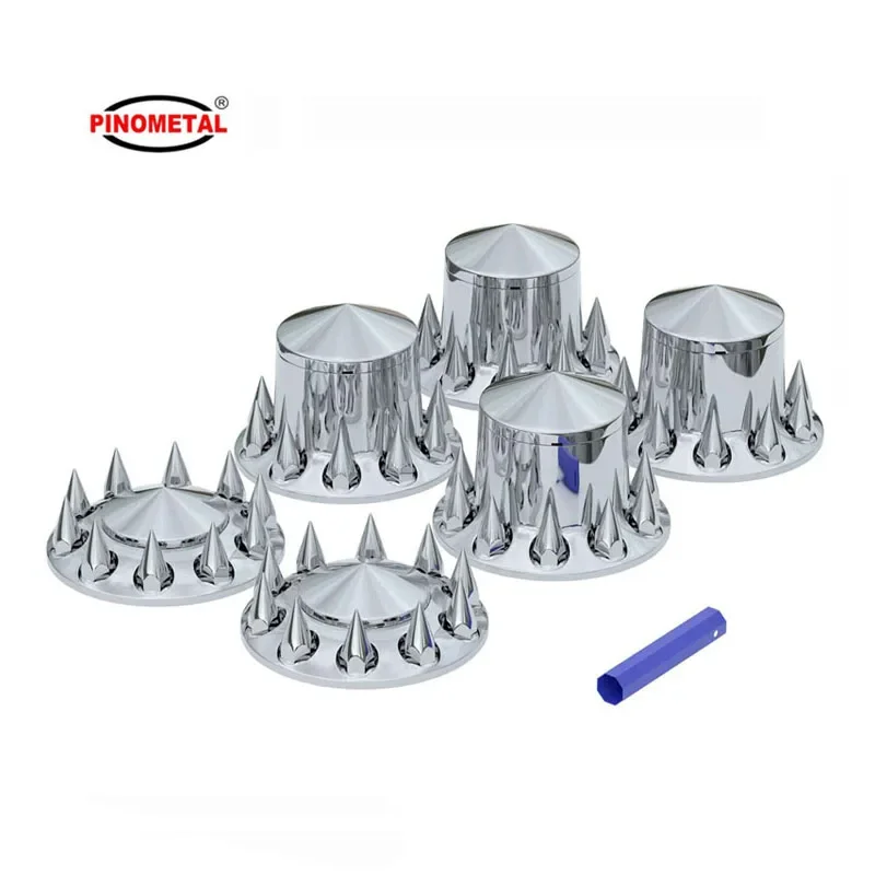PINOMETAL Custom Removable Hub Caps Chrome Axle Cover Kit 33mm Hubcaps Front Rear Spiked Semi Truck Wheel Nut Cover