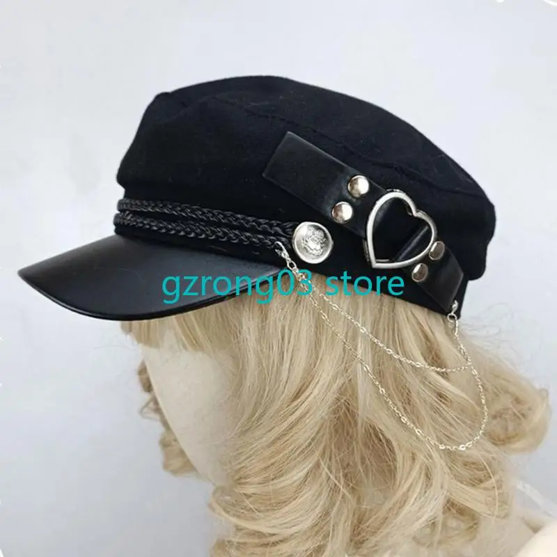 127C popularny damski filcowy ośmiokątny kapelusz z paskiem w kształcie serca Y2K damski kapelusz dziewczęcy gotycki w