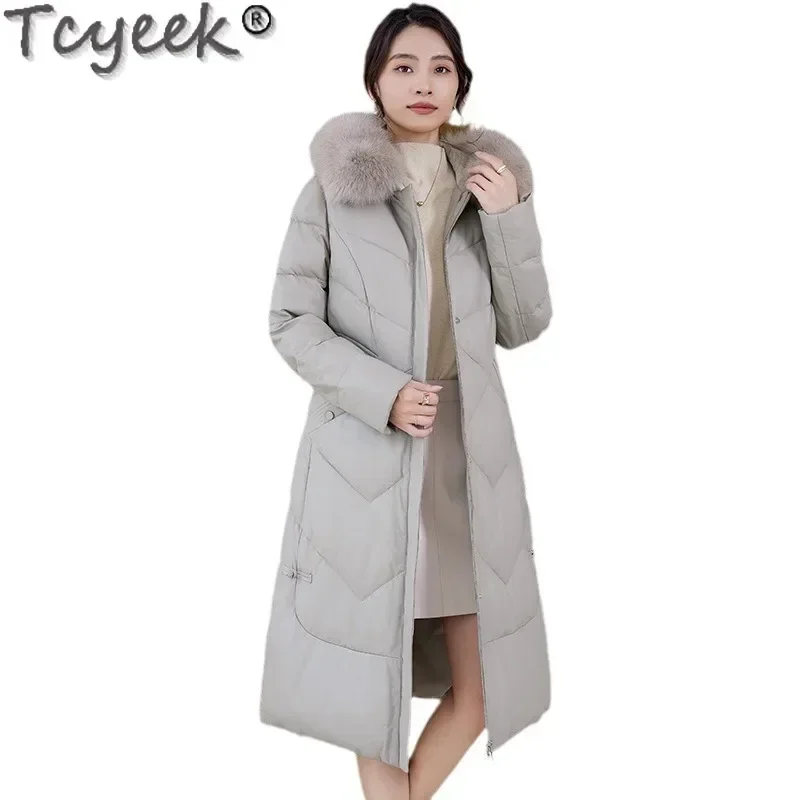 Tcyeek chaqueta de cuero genuino para mujer 2024 abrigos largos de piel de oveja ropa de mujer invierno 90% plumón de pato blanco abrigo cálido Cuello de piel de zorro