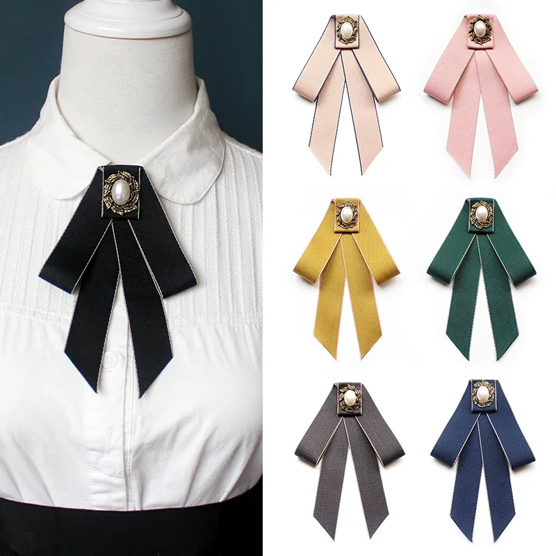 Korean Fashion Cloth Art Bow Brooch Pearl Fabric Bowknot Necktie Unisex Shirt Collar Pins Vintage Jewelry Colthing Accessories