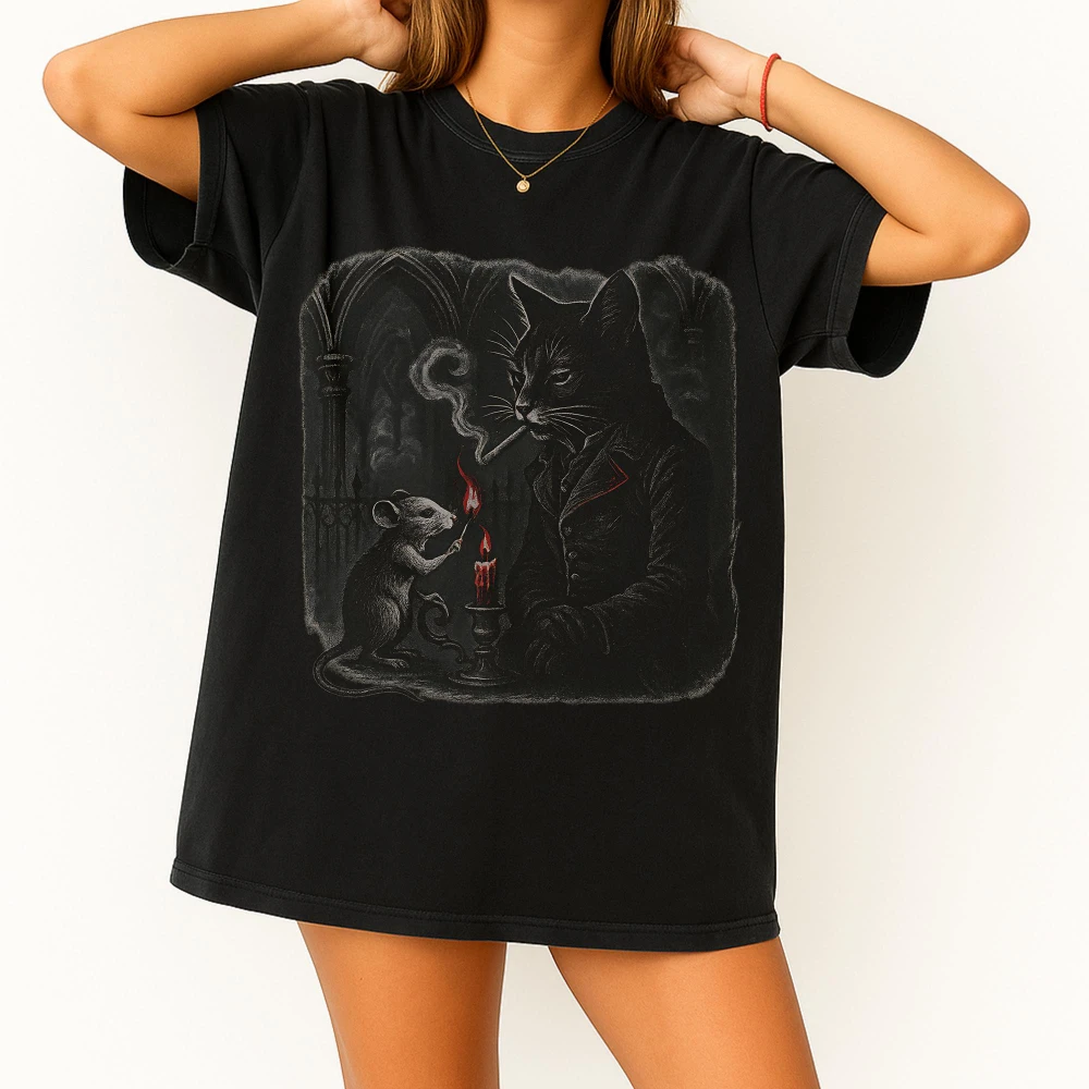 

Рубашка для курения кота, футболка с готическими животными, необходимая для влюбленных темной эстетики, унисекс, уличная одежда из чистого хлопка, футболка большого размера