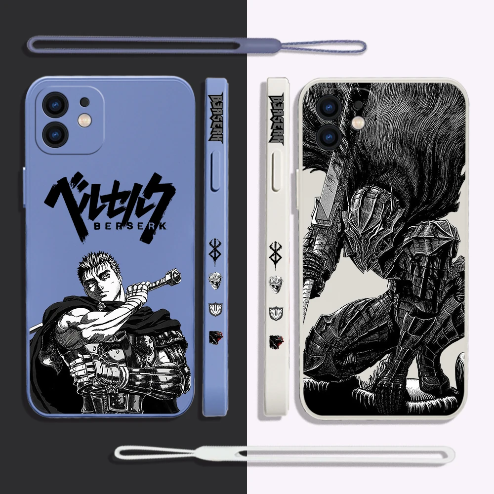 Funda de teléfono Anime Berserk Guts para iPhone 15 14 13 12 11 Pro Max Mini X XR XS MAX SE20 8 7 6S Plus fundas de silicona con correa de mano