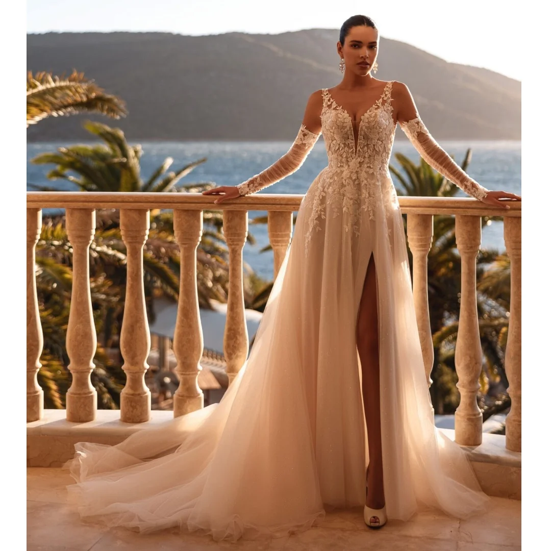 Neue V-ausschnitt Frauen Brautkleider A-linie Applikationen Tüll Brautkleider Angepasst Glamouröse Seite Schlitz Sommer Vestidos De Mariee