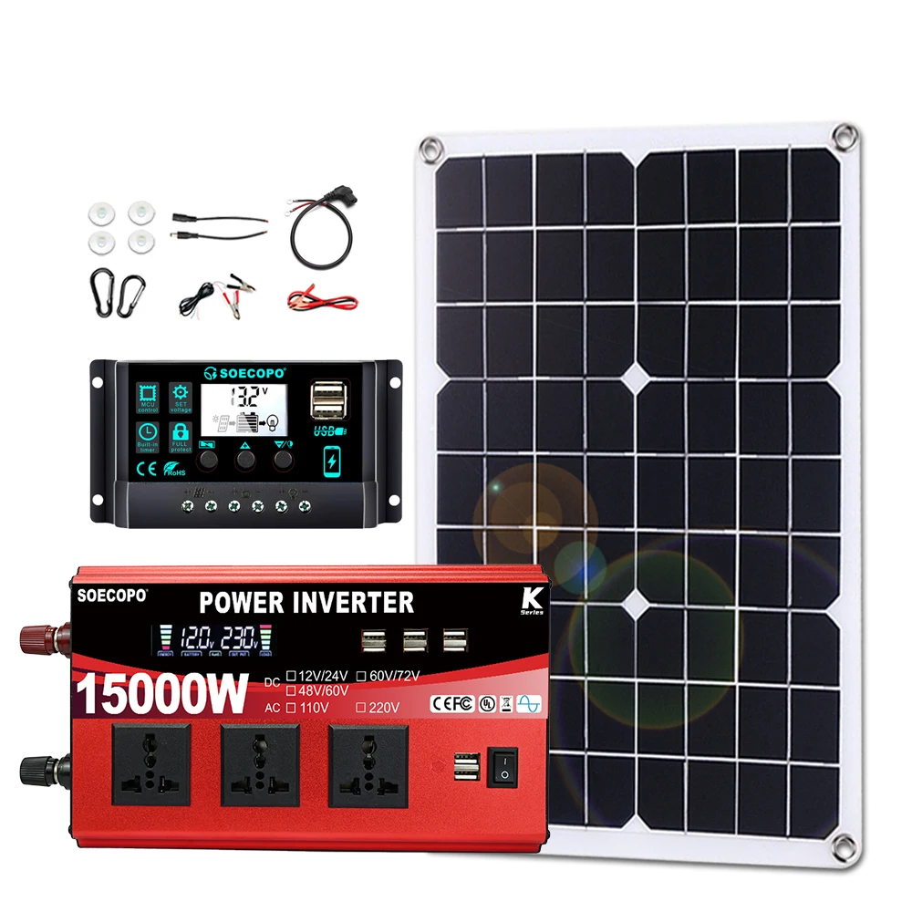 SOECOPO 15000W Komplettes Solarsystem-Set 500W Solarmodul Wechselrichter (3 Steckdosen 8 USB-Anschlüsse) 12V/24V 100A Regler für Zuhause und Camping