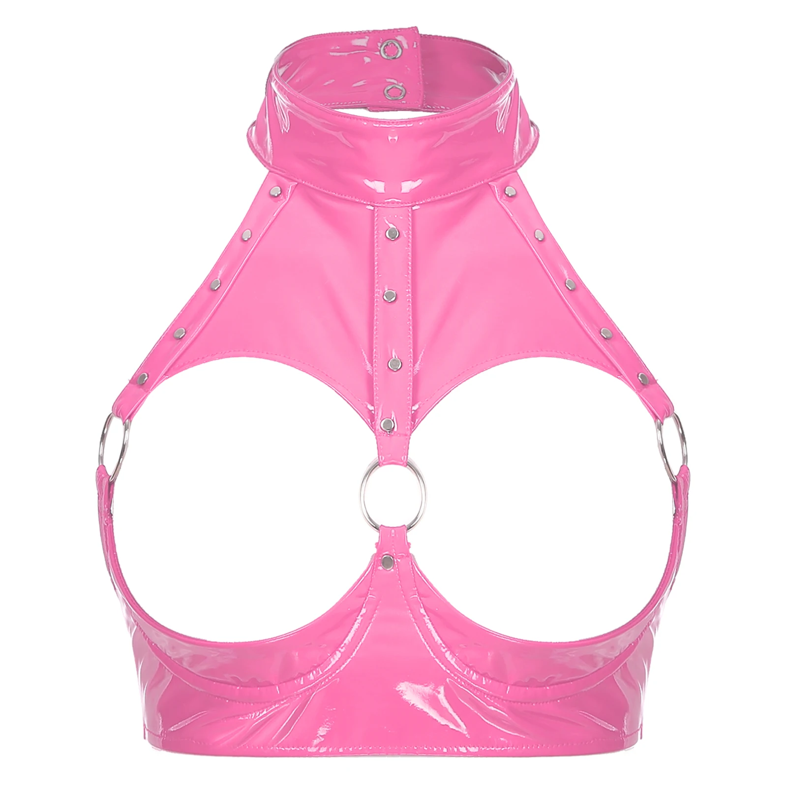 

Sexy Womens Open Cup Underwired Bra Crop Top Wet Look Latex Leather Vest Rave Dancing Clubwear Rivet Halter Backless Camisole