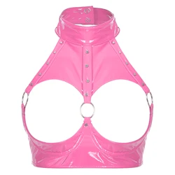 Sexy Womens Open Cup Underwired Bra Crop Top Wet Look Latex Leather Vest Rave Dancing Clubwear Rivet Halter Backless Camisole