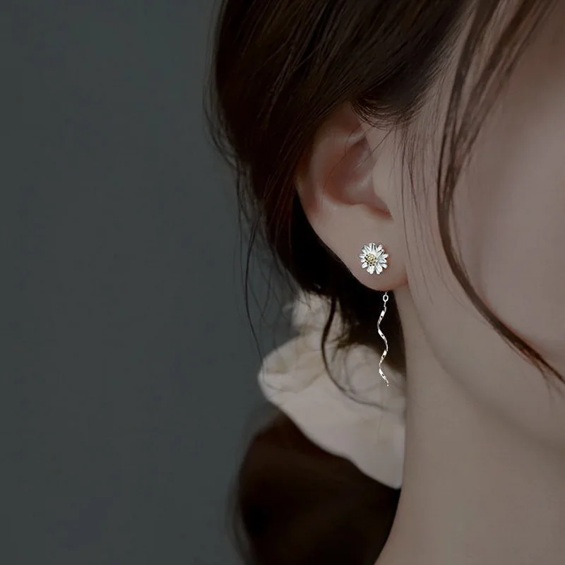 Silver Color Trend Daisy Flower Long Wire Tassel Thread Hanging Earrings For Women Crystal Zircon Piercing Earring Girl Jewelry