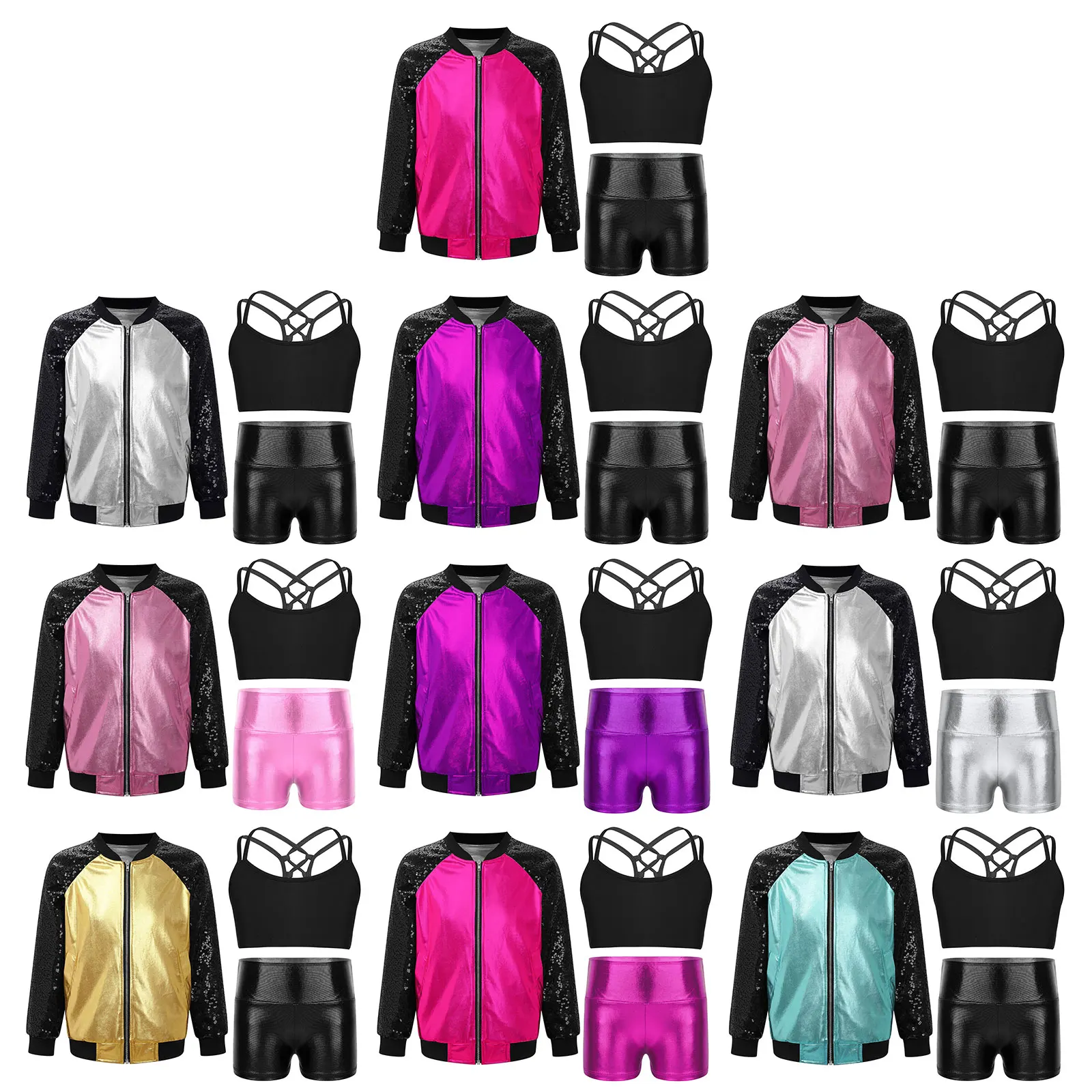 Kid Girl Hip-pop Dance Costume Long Sleeve Zipper Jacket Coat Spaghetti Strap Vest Crop Top with Metallic Shorts for Performance