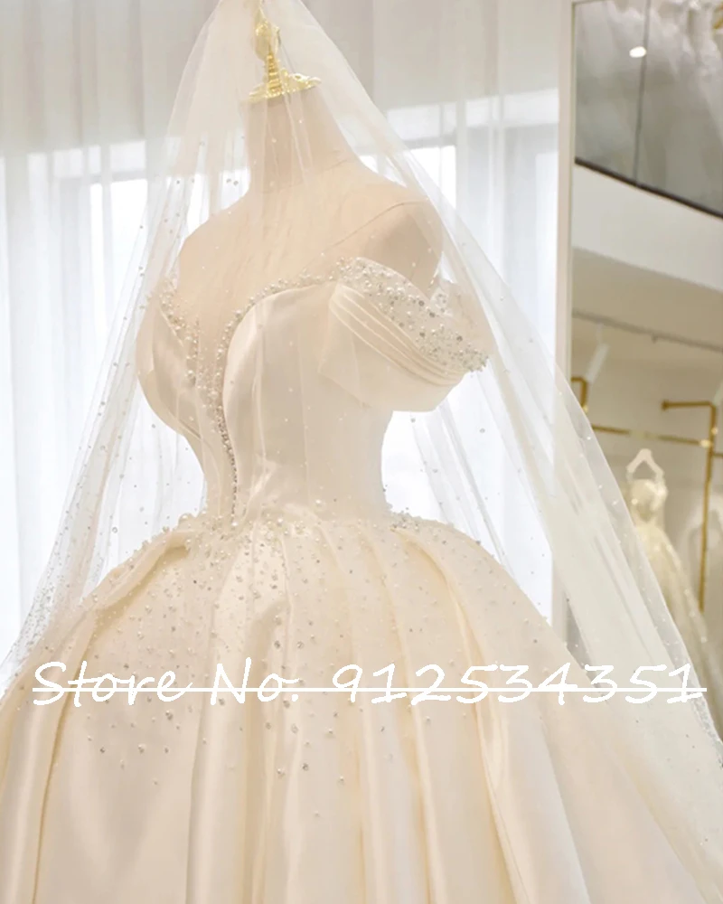 Robe Mariage Satin Vintage Ball Gown Wedding Dress Off the Shoulder Luxury Vestidos De Novia Pearls Zipper Back Trouwjurk