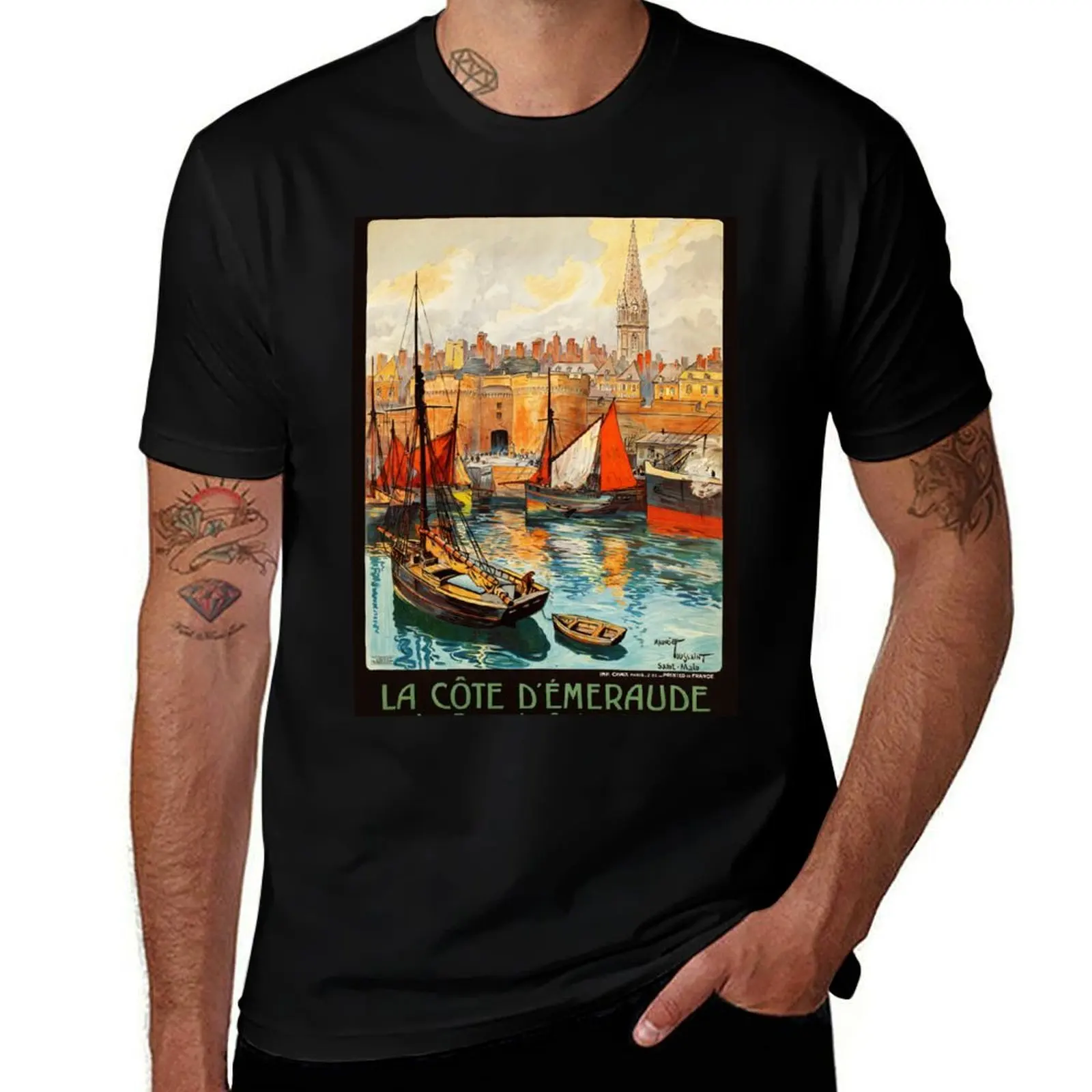 Camiseta con póster de viaje Vintage de la FRANCIA Le Port de Saint Malo de los años 1930, camisetas gráficas de talla grande, camisetas ajustadas para hombres