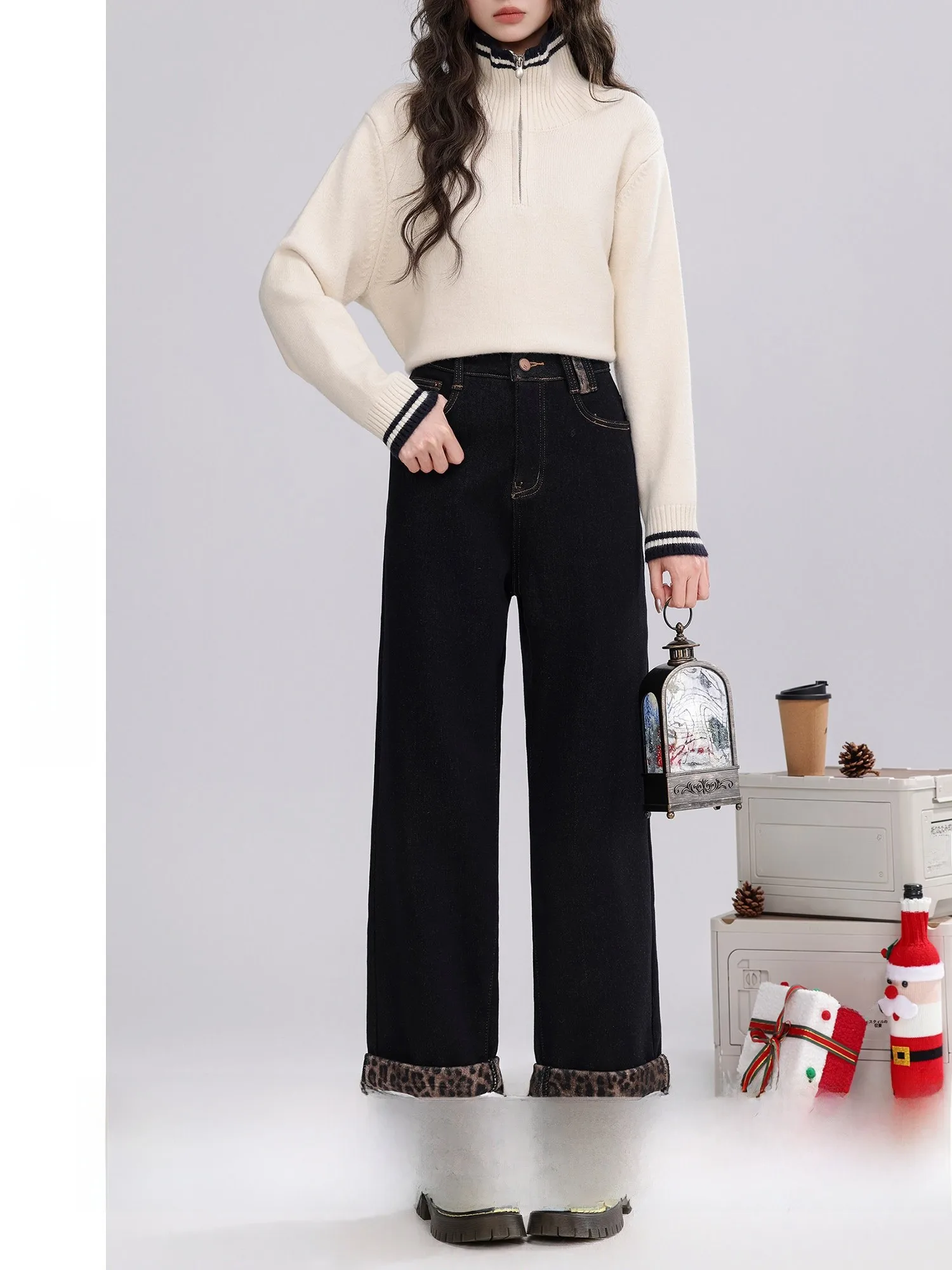 

Deep Blue Fleece Lined Straight Leg Denim Jeans Women's Winter Warm Retro Style High Waist Zipper Closure Color Casual ...