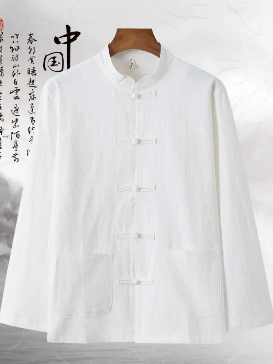

Новая мужская рубашка с длинным рукавом из хлопка и льна, на пуговицах, однотонная, в китайском стиле Тан, повседневная одежда для мужчин среднего возраста