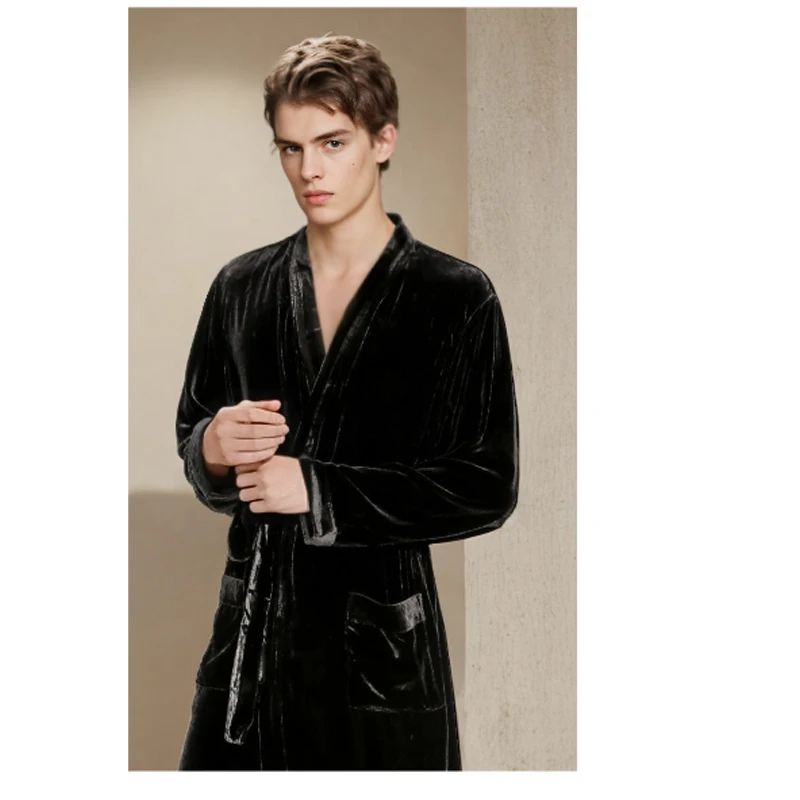 High-end Mulberry Silk Velvet Men's Long Coat Home Casual Robe Loose Comfortable Soft Static Free Casual Clothes Spring  Autumn