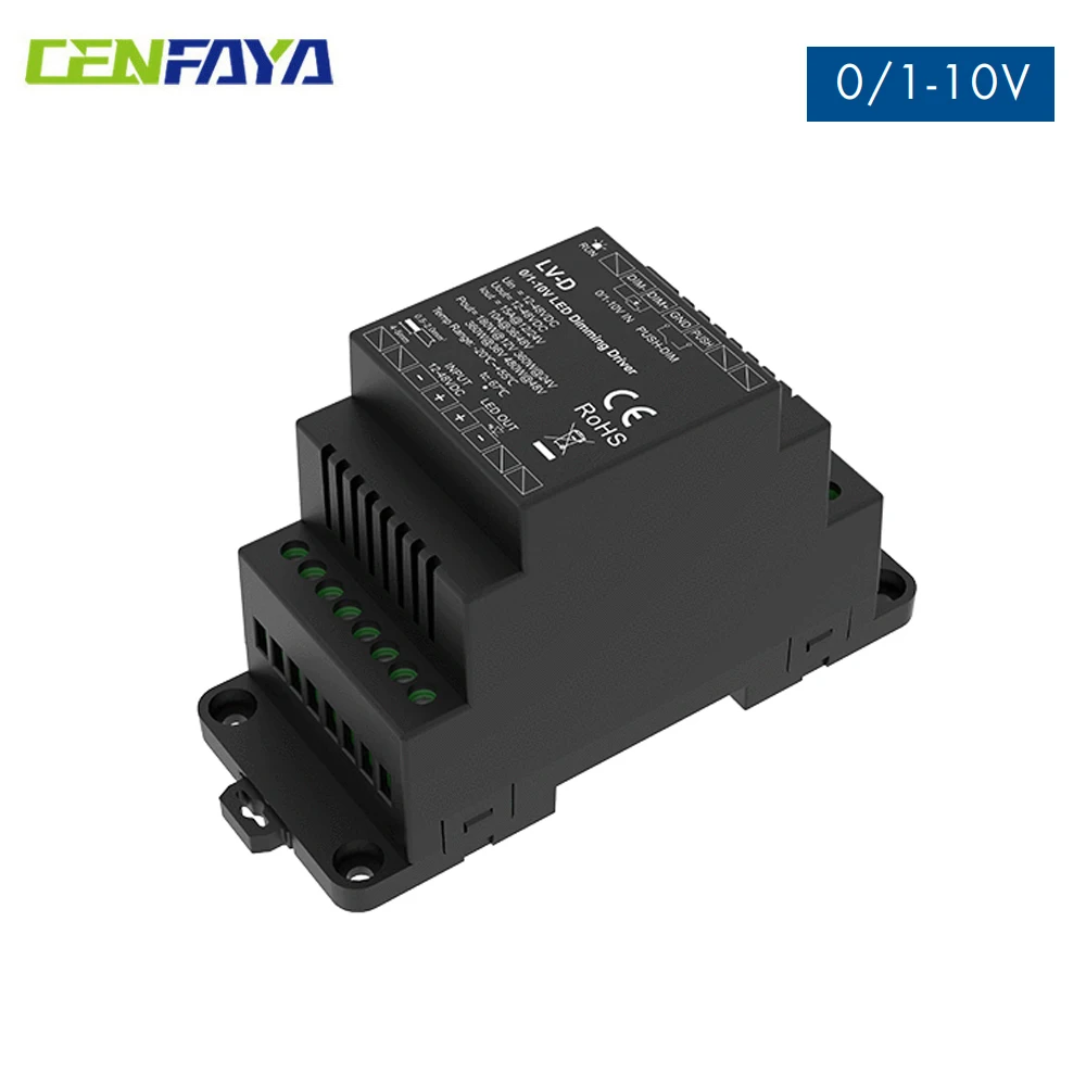 CENFAYA 0/1-10V LED Dimming Driver with Push Dim 12-48VDC Input 480W Output PWM Freq Adjustable DIN Rail Mount for LED Strip