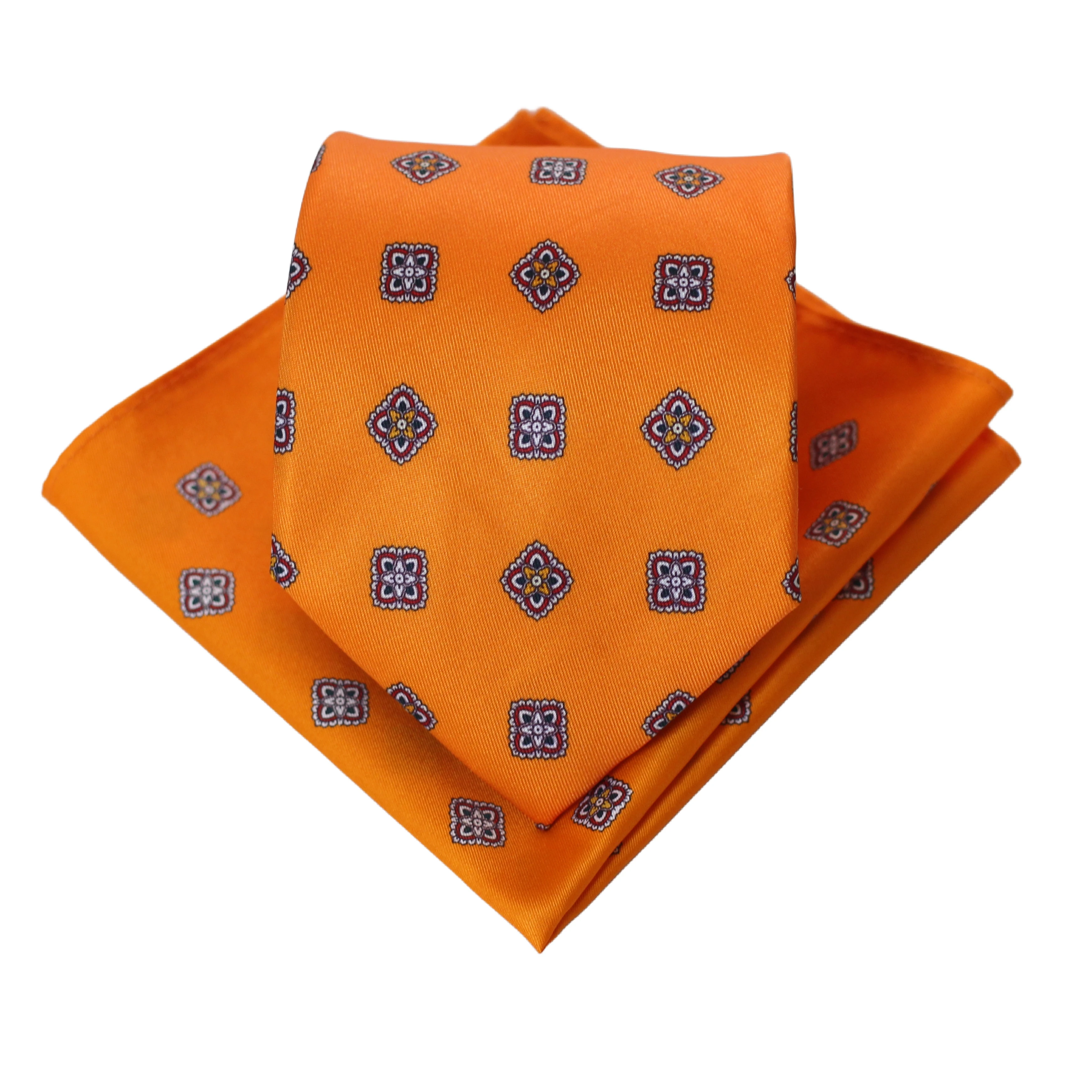 الجدة أزياء الرجال 9 سنتيمتر التعادل الفاخرة البرتقال هندسية الحرير رابطة عنق منديل مجموعة للرجال الزفاف الأعمال التبعي #5