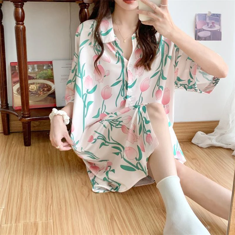 Summer Loose Casual Printing Sleep Robes Women\'s Short Sleeve Trend Fashion Buttons Homewear Female Oversized Print Shirt Dress