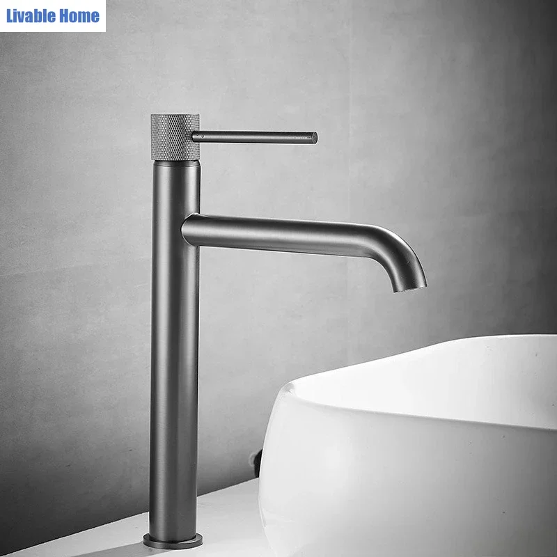 Solid brass basin mixer tap with hot and cold water spouts Grey finish Bathroom basin mixer tap Left and right rotation