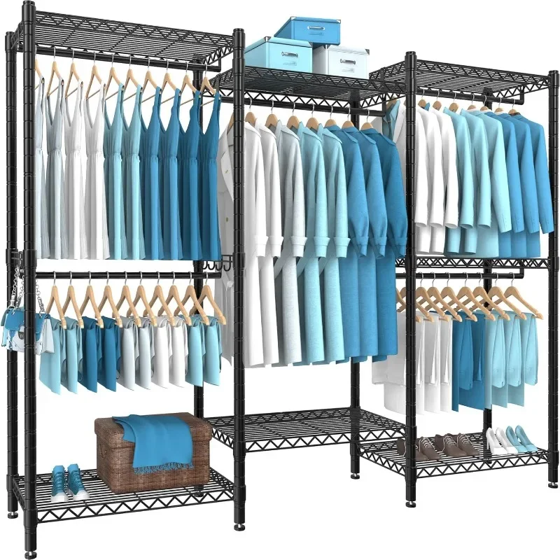 Portable Wardrobe Rack, Wire Shelves, Compact Extra Large Metal Clothing Rack Rod Side Hooks for Hanging Clothes