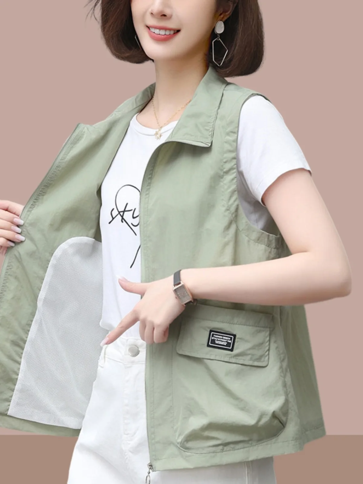 

Модный тонкий женский жилет: летняя новинка, повседневная солнцезащитная верхняя одежда на молнии, с воротником, стандартной длины, на одной пуговице