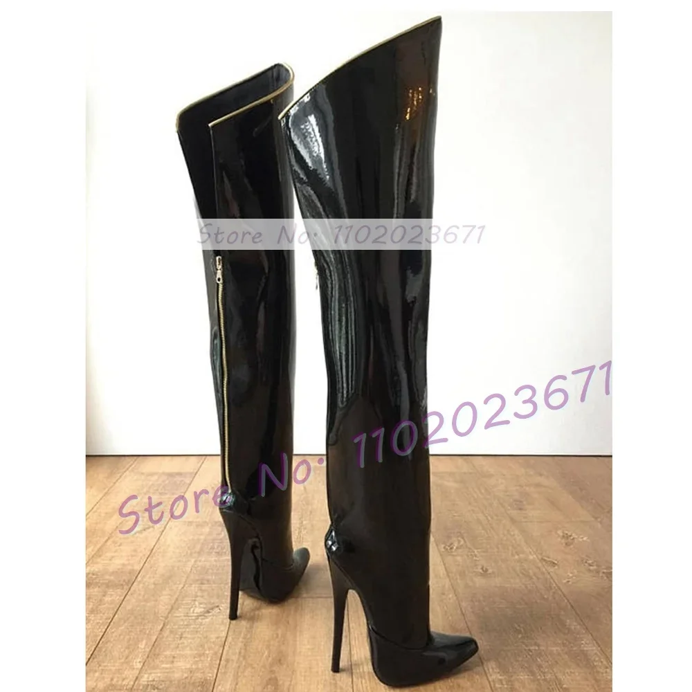 Wide Fit Thigh High Women Boots Women Hollow Out Back-zip Patent Leather Shoes Ladies Pointy Toe 16cm Super High Heel Boots