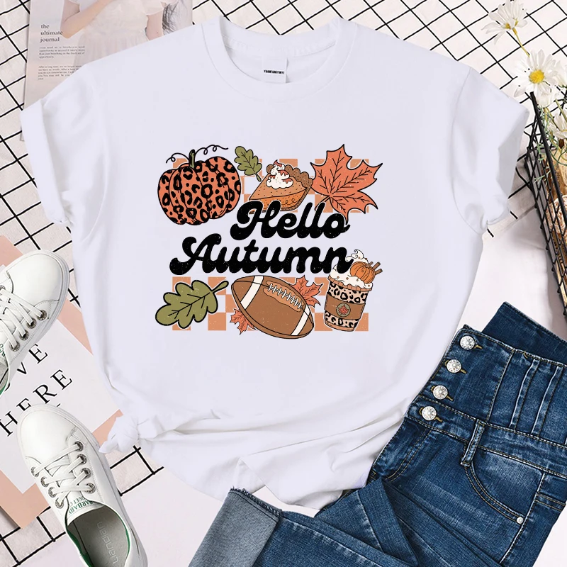 (Premium T-shirt)Hello Autumn Print T-Shrits For Women Summer Short Sleeve Round Neck Cute Loose T-Shirt Creative tops