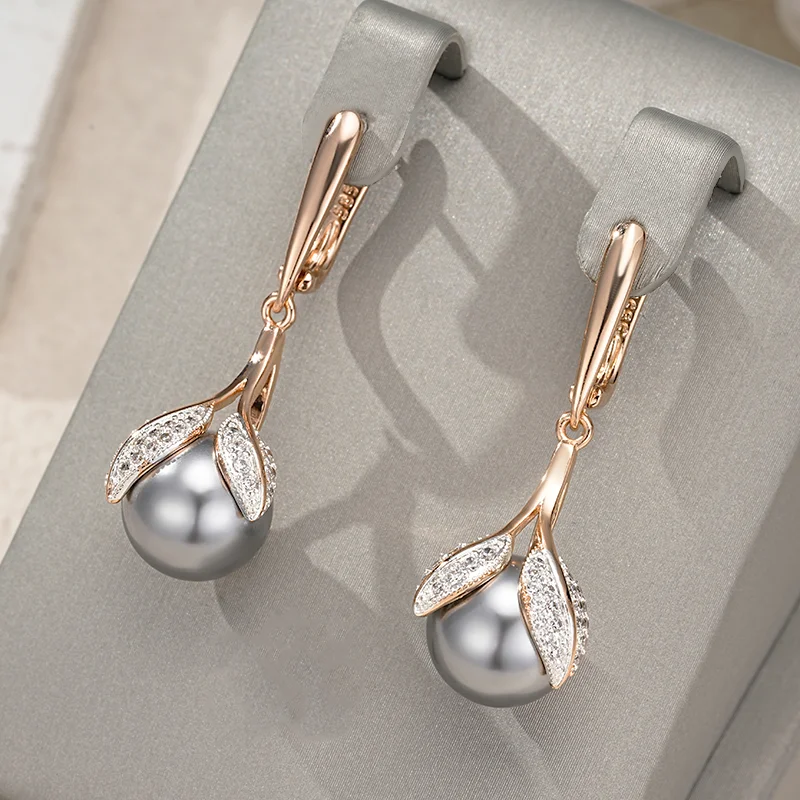 Wbmqda Luxus Grau Große Perle Lange Tropfen Ohrringe Für Frauen 585 Rose Gold Farbe Feine Hochzeit Schmuck