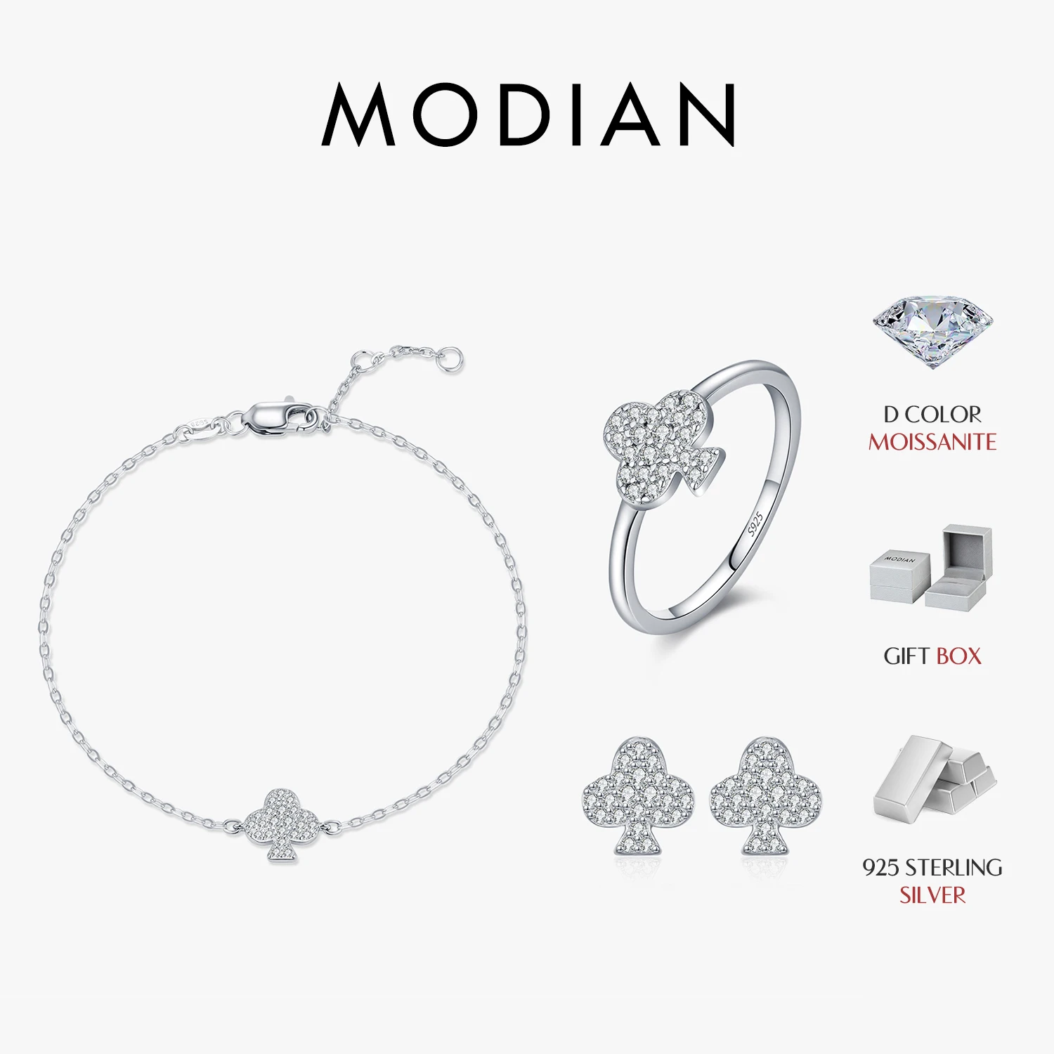 

MODIAN 925 Sterling Silver Sparkling Moissanite Ear Studs Trendy Clubs Bracelet Necklace For Women Fine Jewelry Sets