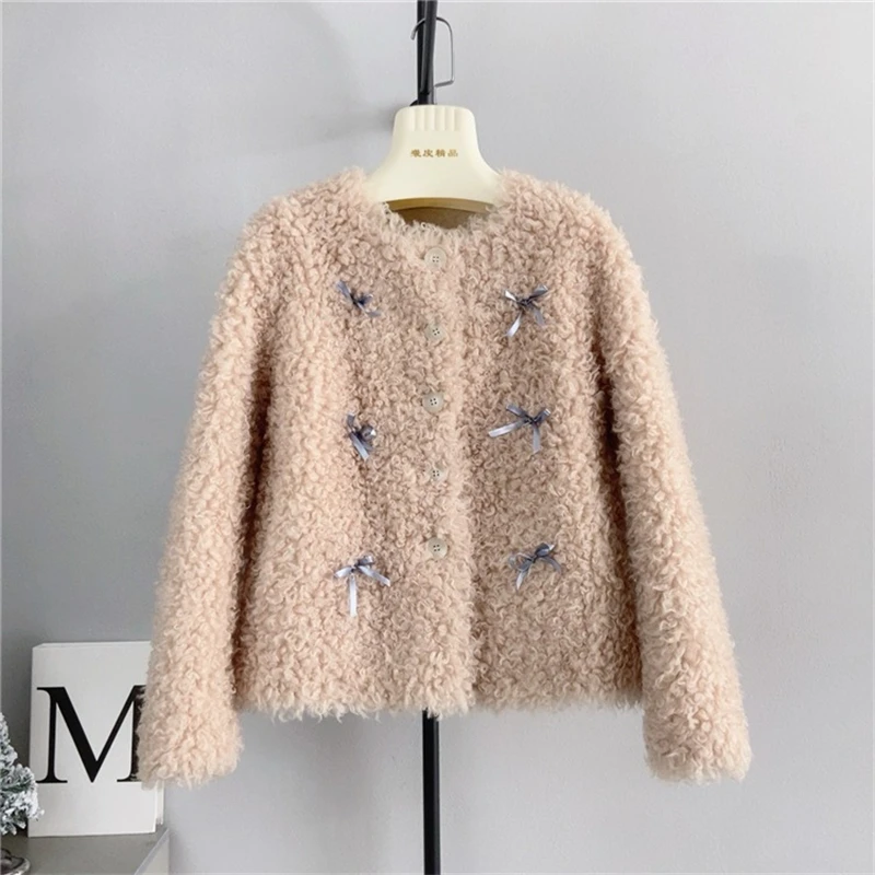 

Women Sheep Shearling Bow Round Neck Jacket Pure Wool 2024 Fall and Winter New Lamb Hair Warm Short Coat PT4117