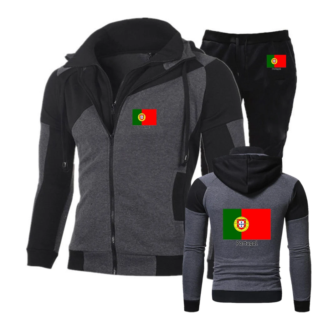 

2026 Portugal Flag Spring And Autumn Men's New Football Team Print Diagonal Zipper Hoodie Leisure Sweatpants Daily Suit
