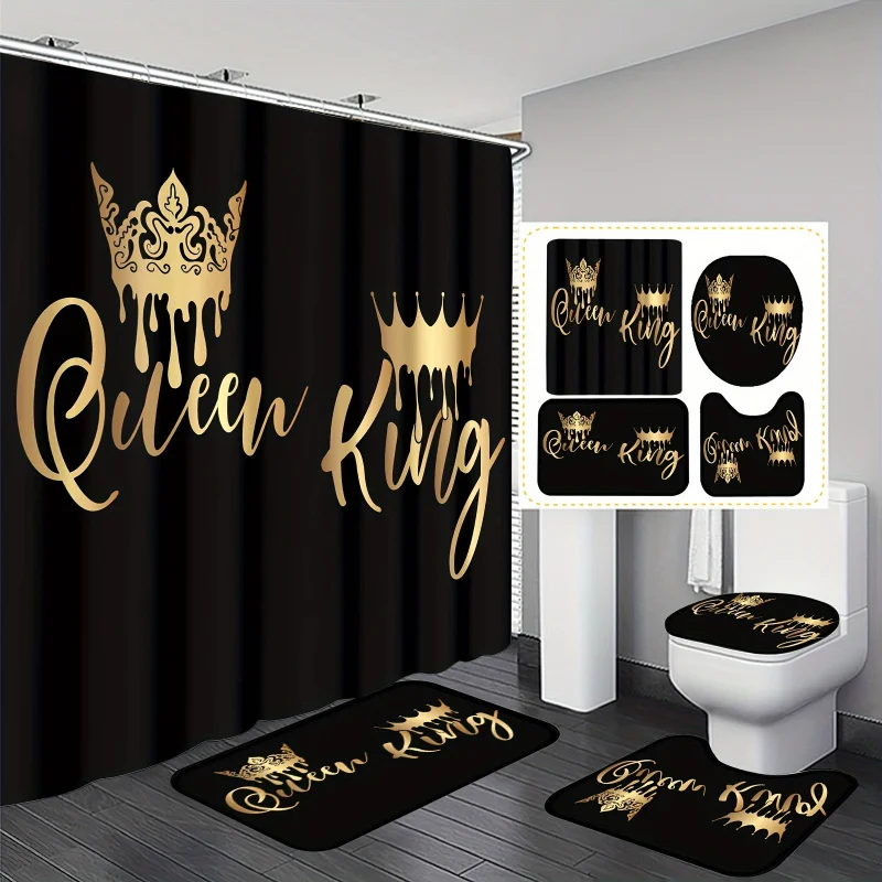 1/4pcs King And Queen Printed , Decorative Bathroom Set, Waterproof Shower Curtain With Hooks, Non-slip Mat, T