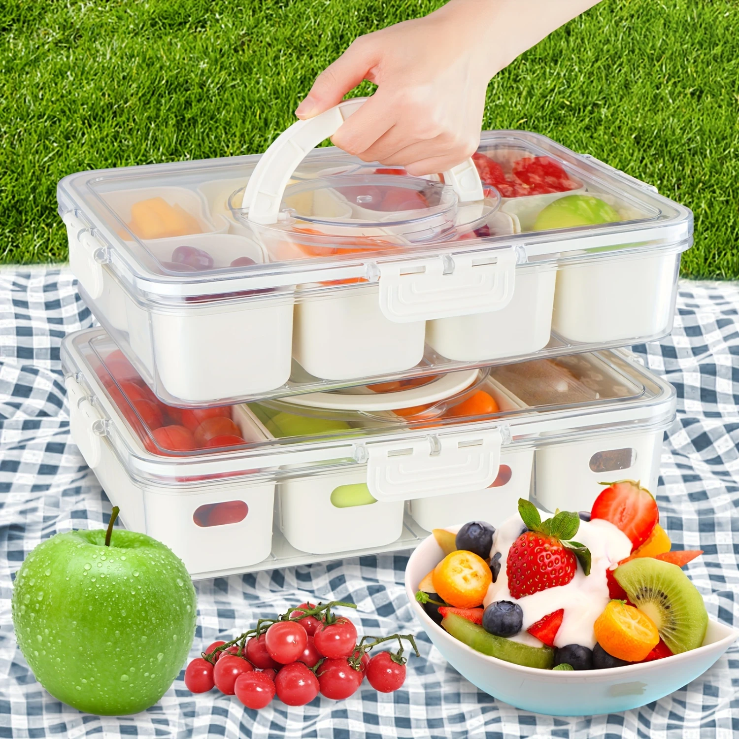 8-Compartment Stackable Food  Container With Handle - Reusable Plastic Serving Tray With Lid For Snacks, Salads, Fruits & Vegeta