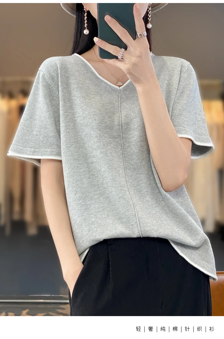100% Cotton T-Shirt Women's V-Neck Pullover Short Sleeve Summer New Casual Knitting Loose Top Fashion Color Contrast T-Shirt