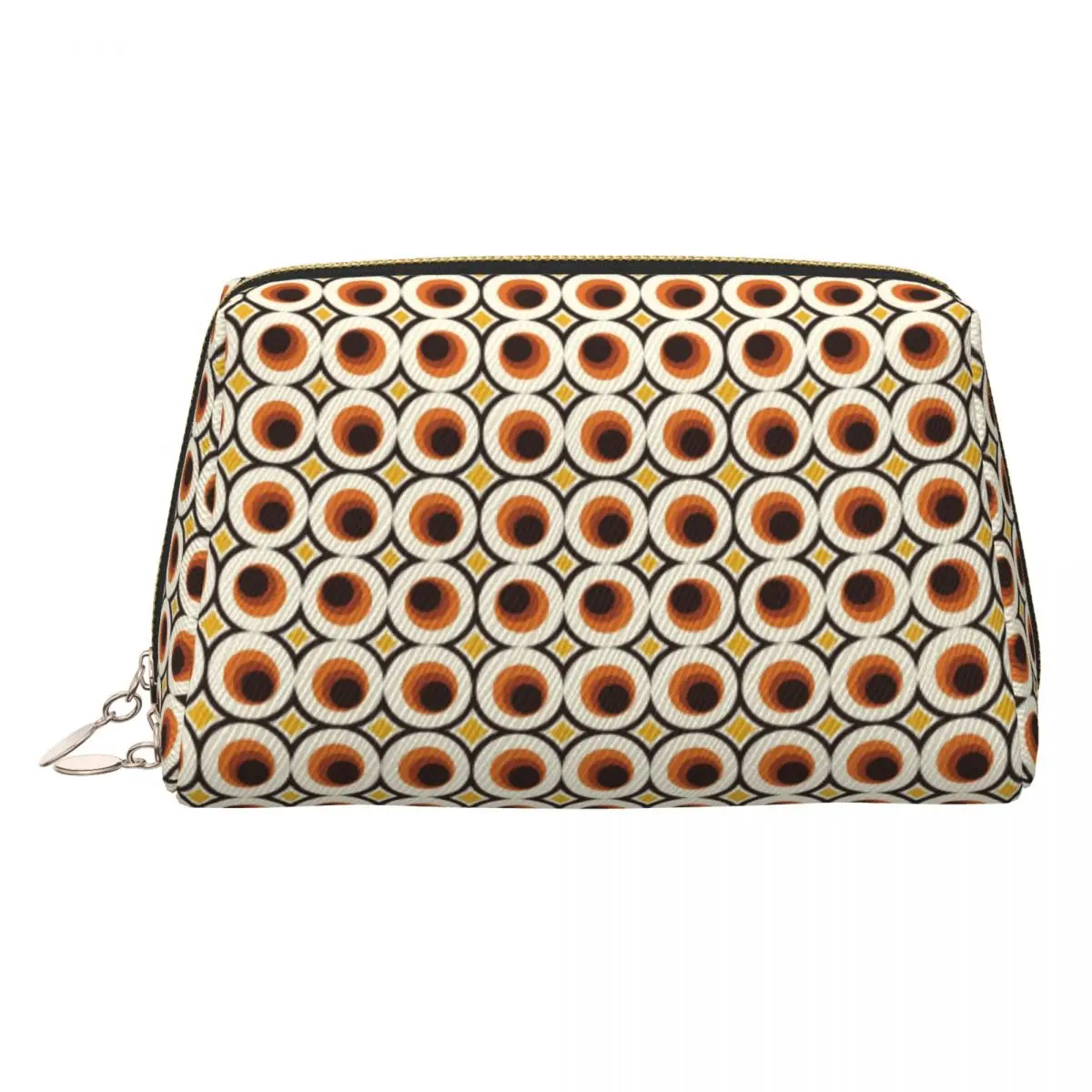 1970s Orange Mid-Century Modern Circle Women Cosmetic Bags Travel Makeup Organizer Pouch Toiletry Storage Dopp Kit Box