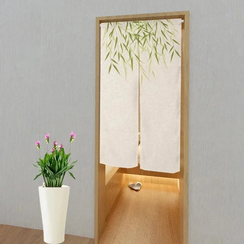 VIKAMA Nature Tree Noren Door Curtain Green Forest Tree Print Linen‑Texture Fabric Home Room Partition Decor