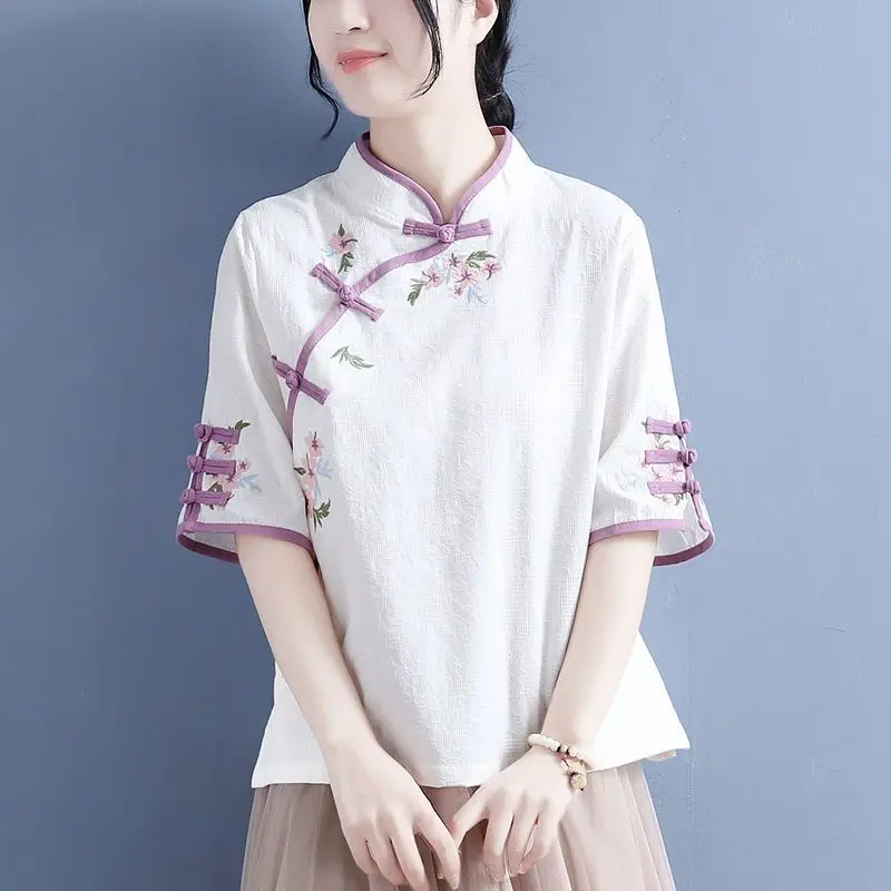 Women\'s Chinese Style Vintage Embroidery Cotton Linen Blouse 2024 Summer Elegant Stand Collar Loose Shirt Half Sleeve Chic Tops