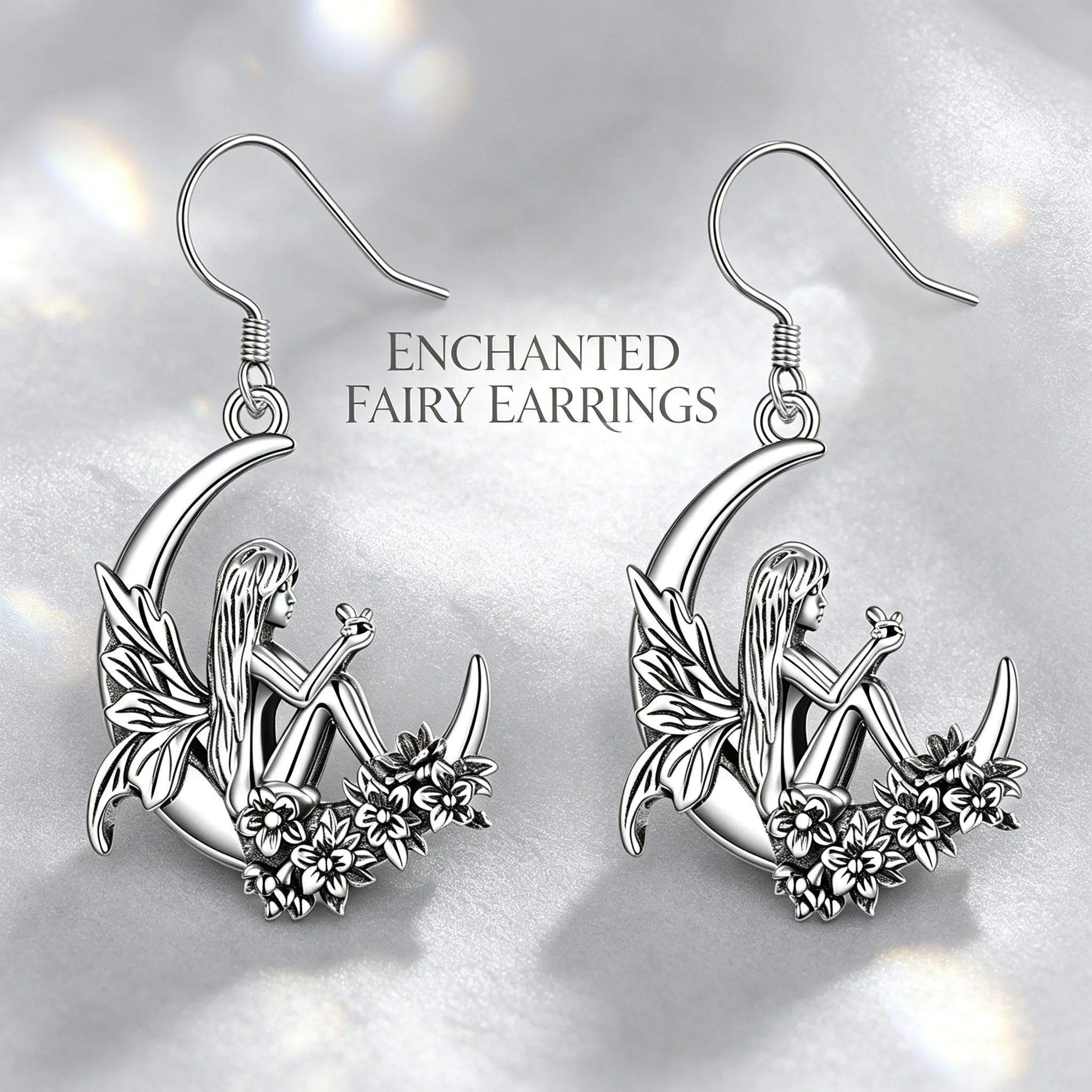 Vintage Silvery Zinc Alloy Enchanted Fairy Moon Dangle Earrings Flower Butterfly Fantasy Jewelry for Women Girls Gift