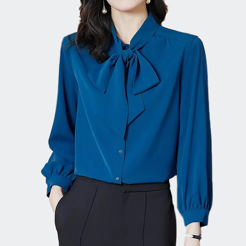 

New 2025 Womens Blouse Vintage Work Wear Casual Tops Chiffon Blouse Bow Elegant Loose Women Business Shirts