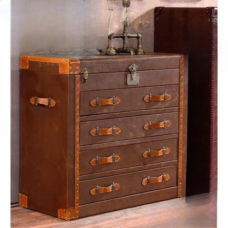 Red Wine Cigar Bar Bucket Cabinet American Country Vintage Leather Restaurant Hotel Side Cabinet