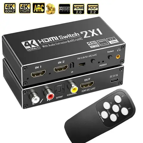 HDMI Switch With Audio Extractor 4K 60Hz HDMI Audio Splitter 2 in 1 out HDMI to Coaxial+Toslink Spdif +L/R Stereo Audio+HDMI ARC
