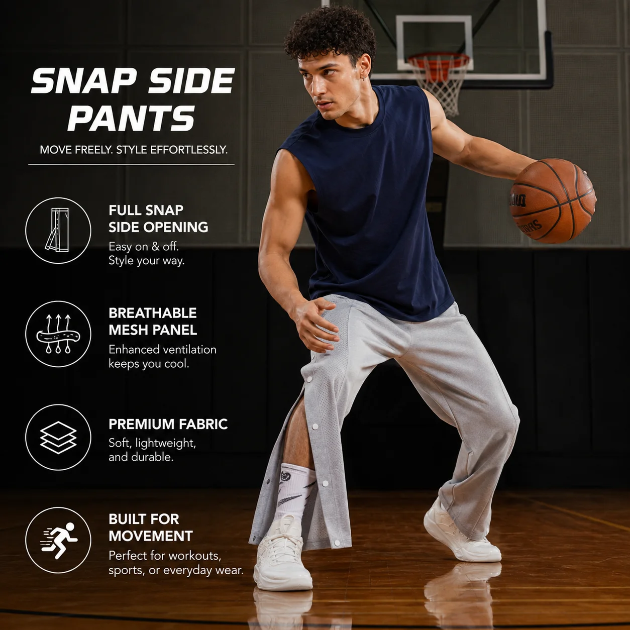 Veidoorn Men Side Snap Button Breakaway Pants Quick Take‑Off Design Street Style Sports Joggers Loose Athletic Training Trousers